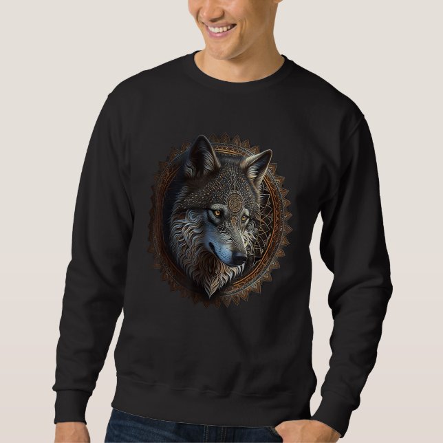 Varg Mandala Djur älskare Art Djurs Varg Lång Ärmad Tröja (Framsida)