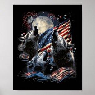Varg Måne 4 juli Amerikanska Flagga Howling Americ Poster