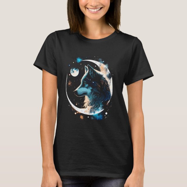 Varg Måne Galaxy Space Art Coola Vargars Gift Idea T Shirt (Framsida)