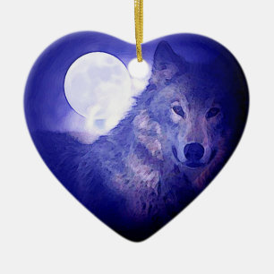 Varg, Måne och blå natt Julgransprydnad Keramik