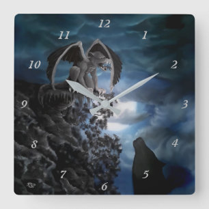 Varg Måne - Varg med Golem Fyrkantig Klocka