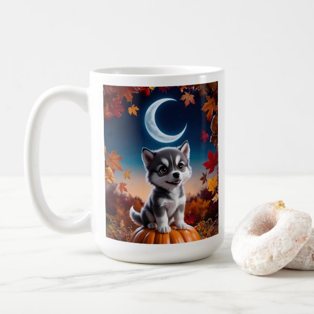 Varg med Crescent Måne Halloween Art Kaffemugg (Med munk)