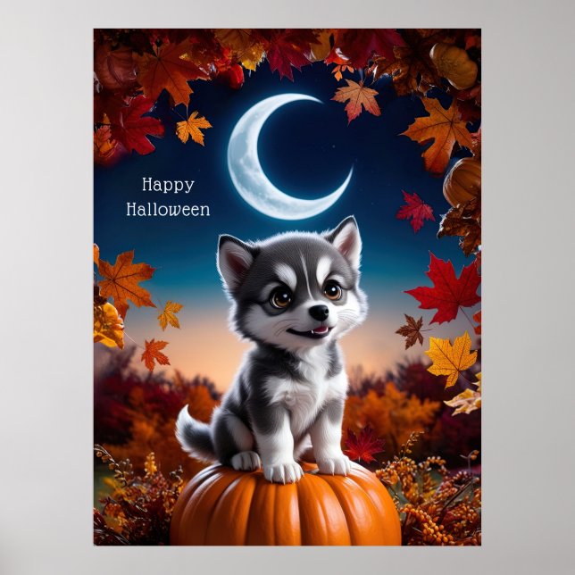 Varg med Crescent Måne Halloween Art Poster (Framsidan)