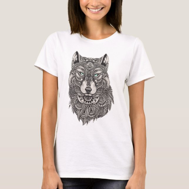 Varg med Grönt Ögon detaljerad illustration T Shirt (Framsida)