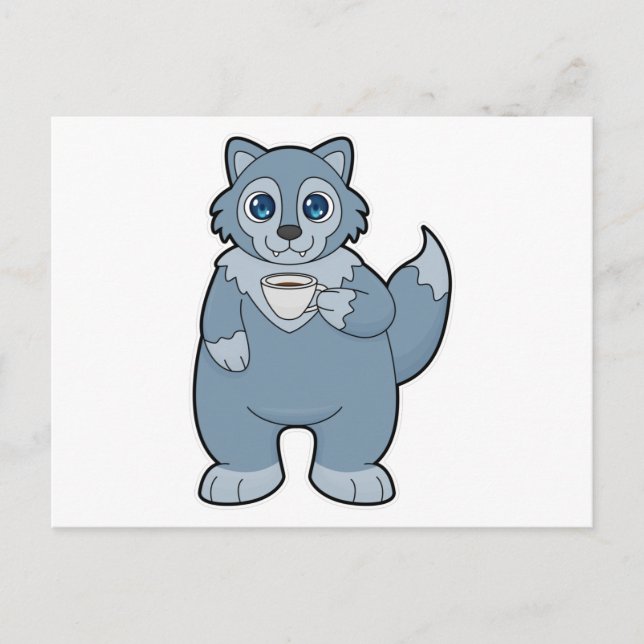 Varg med kopp kaffe vykort (Framsida)