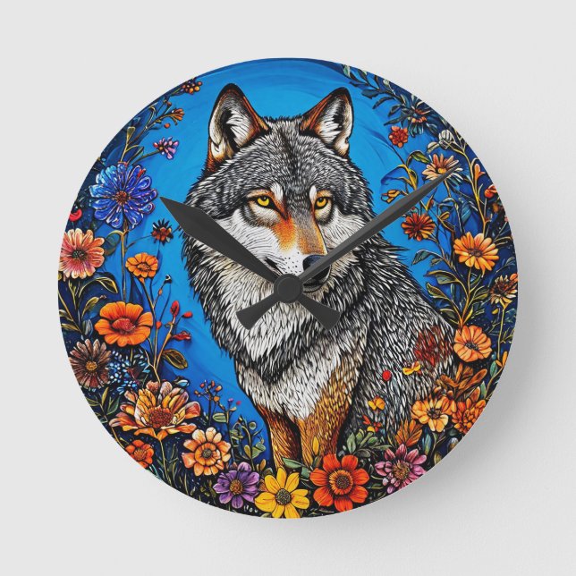 Varg Mitt I Levande Blommor Rund Klocka (Framsida)