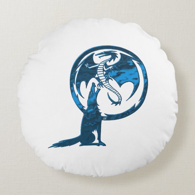 Varg- och Dragon Blue Round Bomull-kudde Rund Kudde (Framsidan)