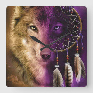 Varg och Dream Catcher Fyrkantig Klocka