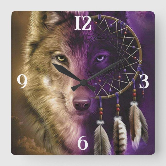 Varg och Dream Catcher kölås för kvadratväggar Fyrkantig Klocka (Framsida)
