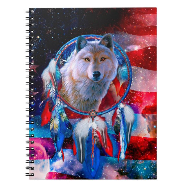 Varg och Dreamcatcher i amerikansk flagga Anteckningsbok (Framsidan)