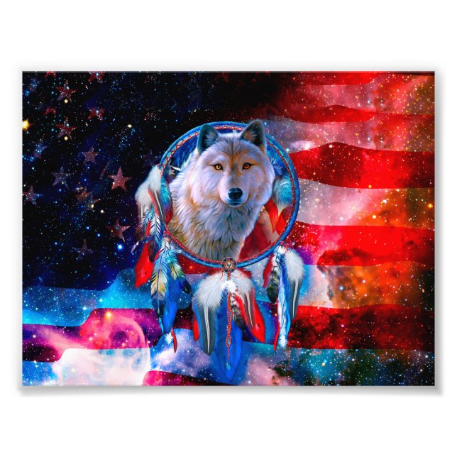 Varg och Dreamcatcher i amerikansk flagga Fototryck (Framsidan)