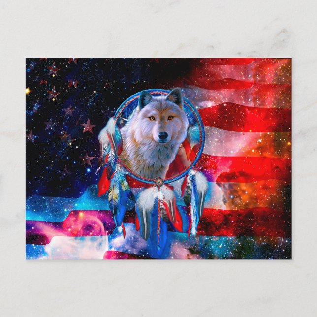 Varg och Dreamcatcher i amerikansk flagga Vykort (Framsida)