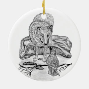 Varg och korpsvart svartvit design julgransprydnad keramik