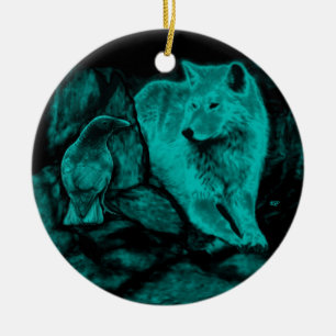 Varg och korv i natten julgransprydnad keramik