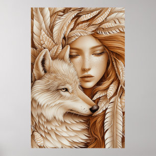 Varg och kvinna i fjädrar poster