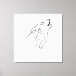 Varg och kvinna minimalistisk linjekonst gobeläng canvastryck