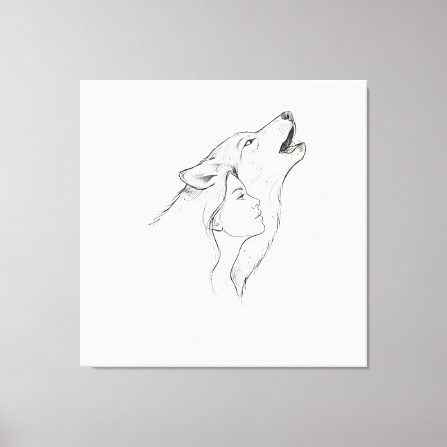 Varg och kvinna minimalistisk linjekonst gobeläng  canvastryck (Framsida)