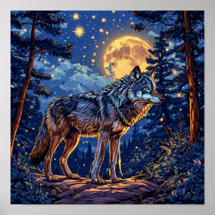 🐺 Varg Och Mån Skog Nattlig Himmel Mystisk Natur Poster