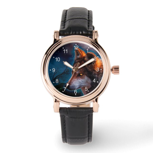 Varg och måne vid midnatt armbandsur (Framsida)