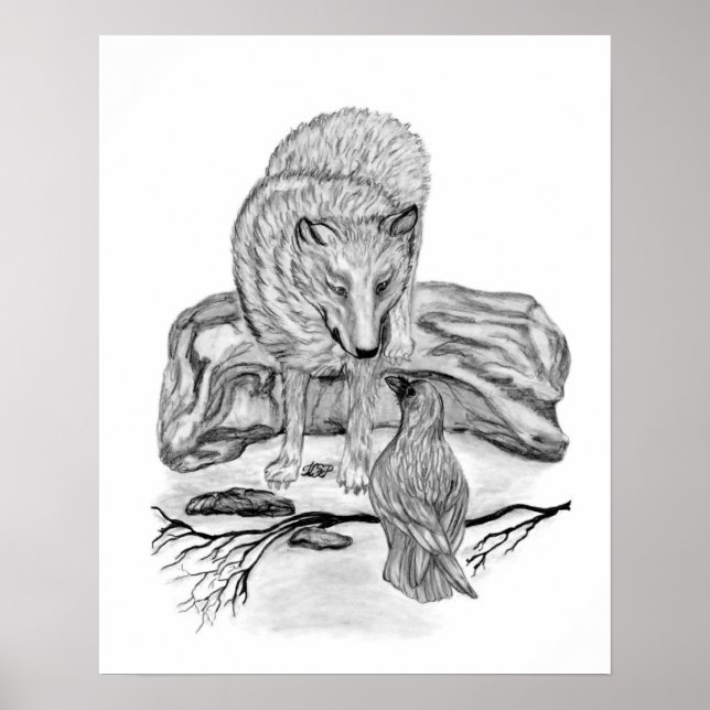 Varg och ravn svart-vit design poster (Framsidan)