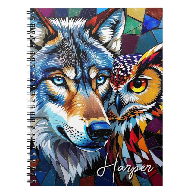 Varg och uggla Livlig och färgrik personlig  Anteckningsbok (Framsidan)