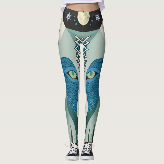 Varg Ögon med ben med fullt måne och stjärnor Leggings (Framsida)