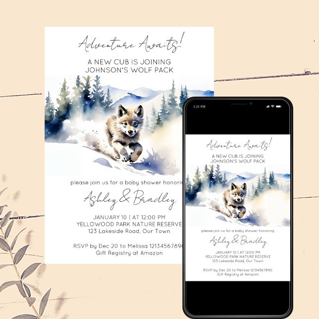 Varg om temat äventyr väntar på babydusch inbjudningar (Adventure awaits  wolf winter woodlands themed baby shower editable template invitation download)