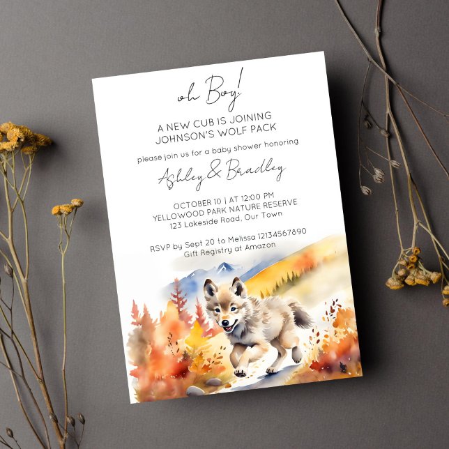 Varg om temat äventyr väntar på babydusch inbjudningar (Wolf themed baby shower template invitation digital download cute pup running Alaska wilderness)