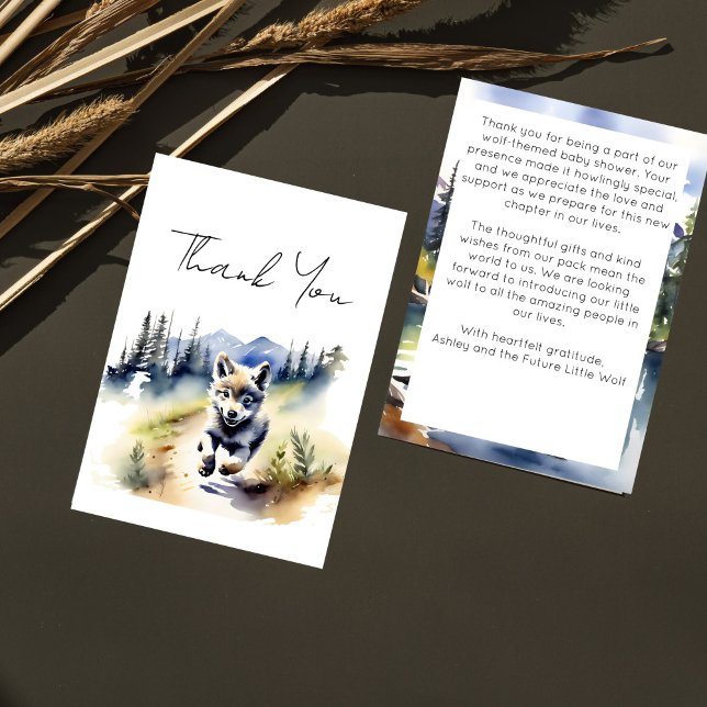 Varg om temat äventyr väntar på babydusch tack kort (Wolf themed baby shower adventure awaits thank you cards watercolor cute wolf cub in Alaska wild)