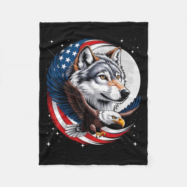 Varg Örn American Flagga Full Moon Nya år Fleecefilt (Framsidan)