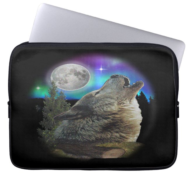 Varg på nattkonst laptop sleeve (Framsidan)