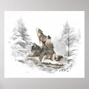 Varg Pack Howling Winter Sång Chorus Animal Art Poster