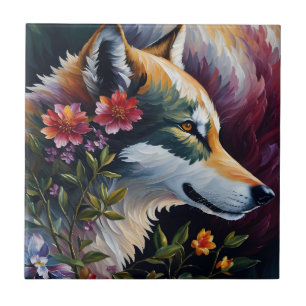 Varg Porträtt Blommigt Art Kakelplatta