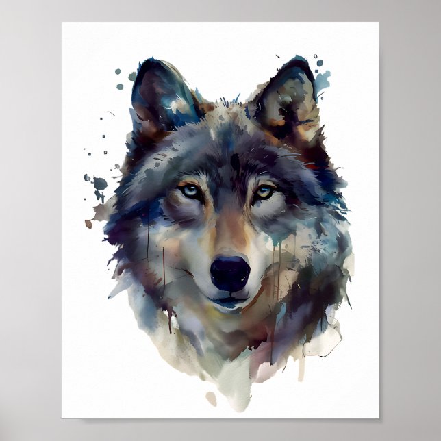 Varg Porträtt Watercolor Illustration Poster (Framsidan)