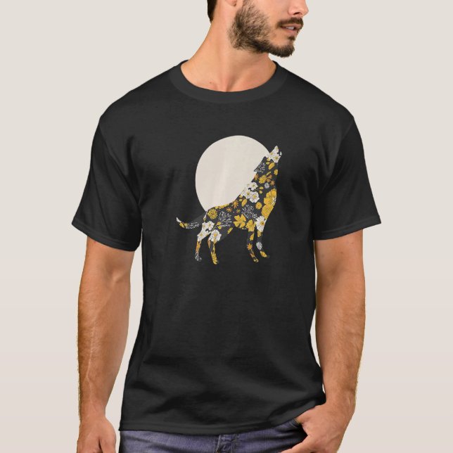 Varg Silhouette Flower Mönster Hund Friends T Shirt (Framsida)