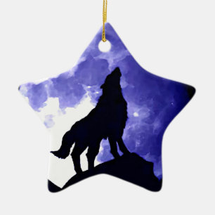 Varg Silhouette och Full Moon Julgransprydnad Keramik