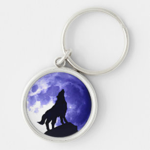 Varg Silhouette och Full Moon Rund Silverfärgad Nyckelring