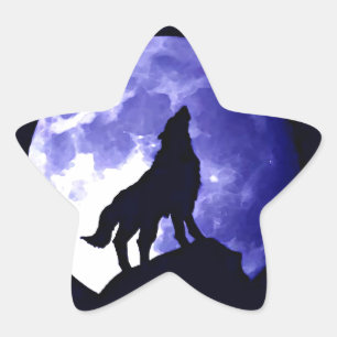 Varg Silhouette och Full Moon Stjärnformat Klistermärke