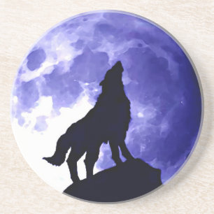 Varg Silhouette och Full Moon Underlägg Sandsten