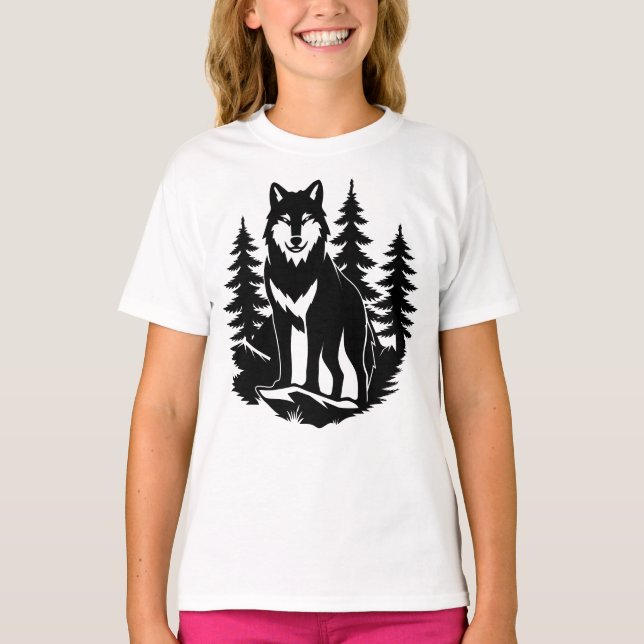 Varg Siluett i Skog T Shirt (Framsida)