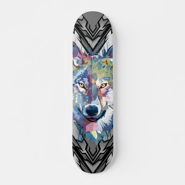 Varg skateboarddäck | Färgglad varghuvud Mini Skateboard Bräda 18,5 Cm (Framsida)