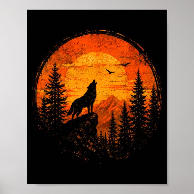 Varg solnedgång berg skog vildmark natur poster (Framsidan)