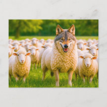 Varg som döljs bland får i ängsmark