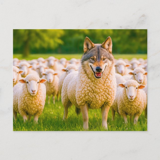 Varg som döljs bland får i ängsmark helg vykort (Framsida)