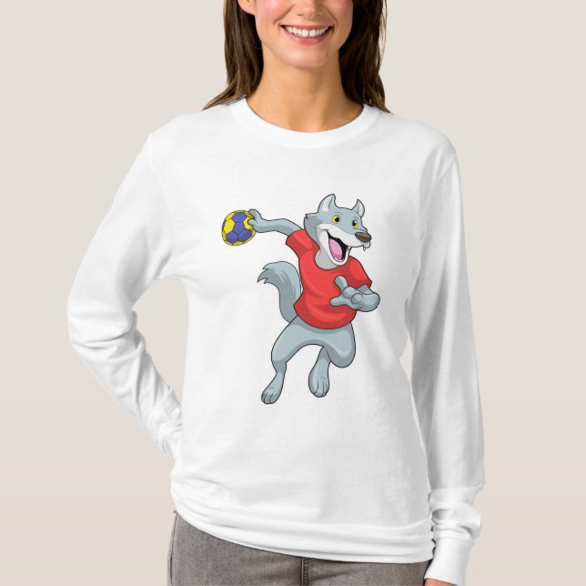Varg som handbollsspelare med handboll t shirt (Framsida)