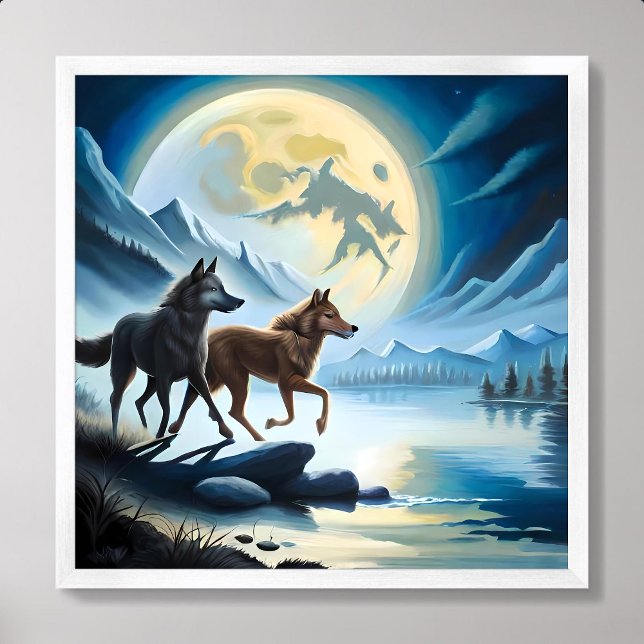 varg som målar mörken vid floden måne nattetid i b poster (wolf painting moon river dark night mountain rock)