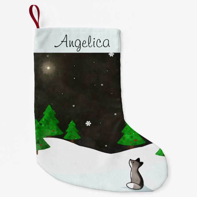 Varg som Stargazing på snöig vinternattvattenfärg Liten Julstrumpa (Framsidan)