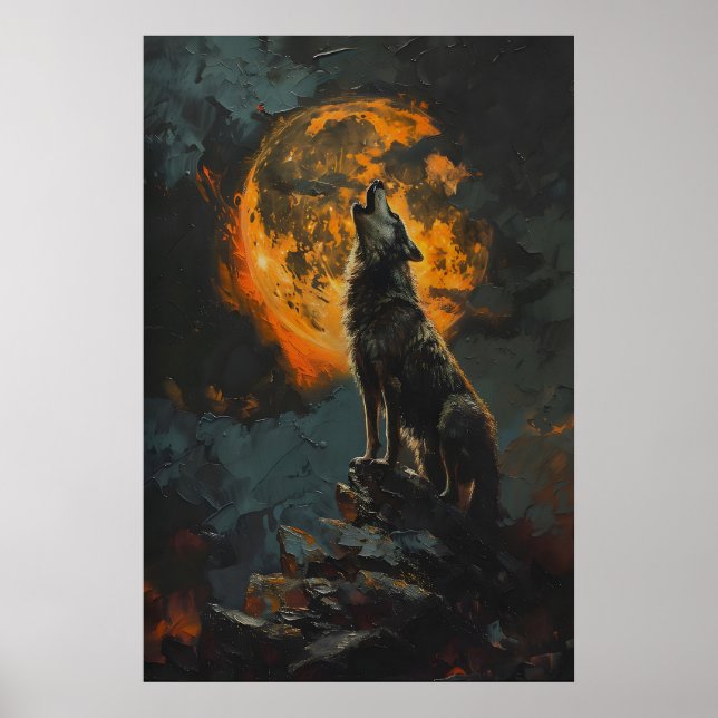 Varg som ylar åt orange fullmåne Utskriftlig dyste Poster (Framsidan)