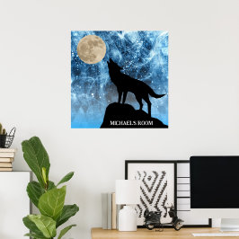 Varg som ylar fullmåne blå svart Anpassat namn Poster