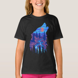 Varg som ylar siluett Skogsflodslandskap T Shirt